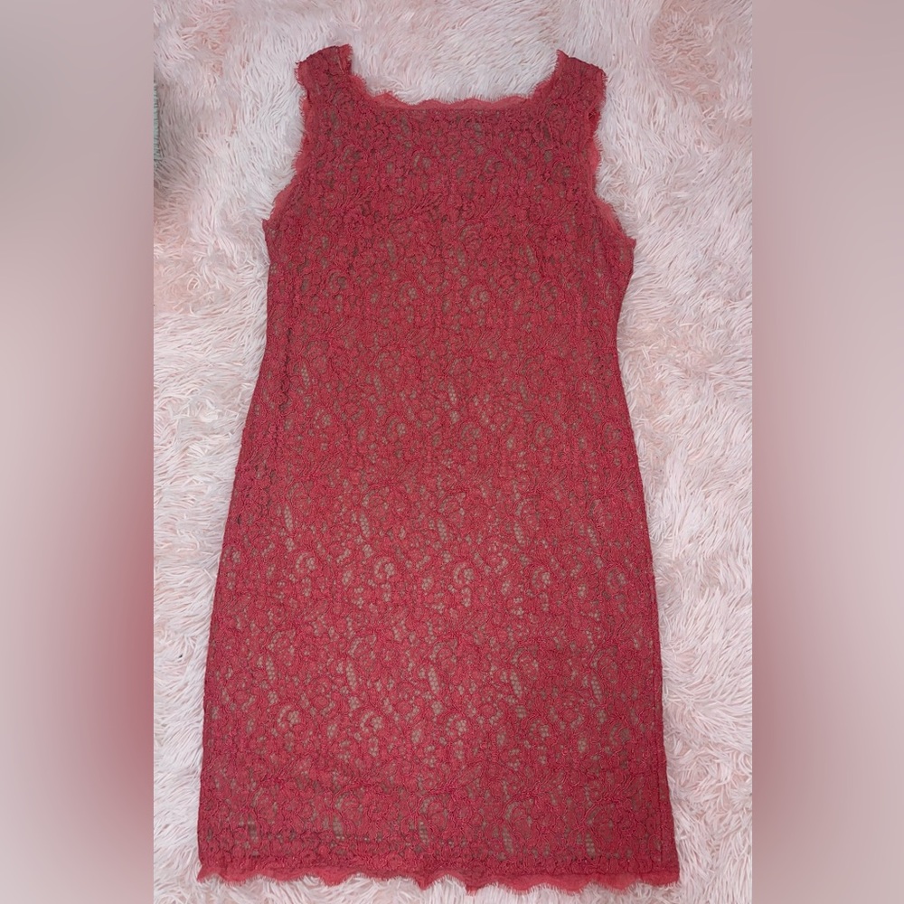 Adrianna Papell Salmon Lined Lace overlay Dress.